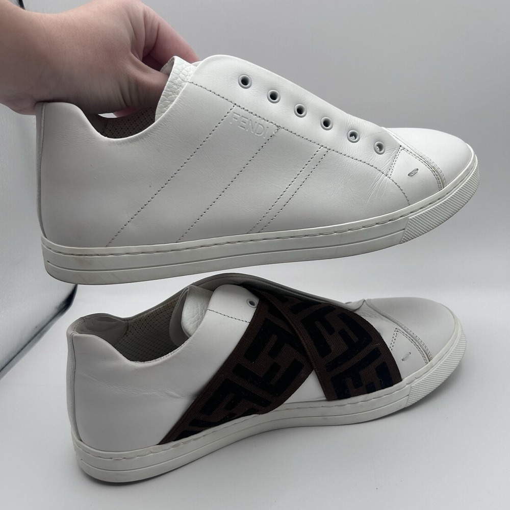 Fendi White Leather Sneakers with Brown FF Logo Strap - Picture 5 of 11